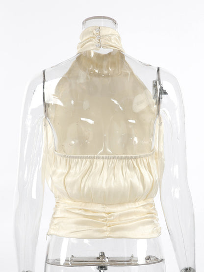 Elise Halter Ruched Cami - Cream, 3/4 angled view on model - Be Juliet