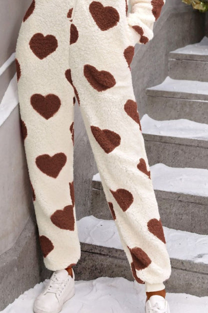 Fuzzy Heart Zip Up Hooded Lounge Jumpsuit - Be Juliet