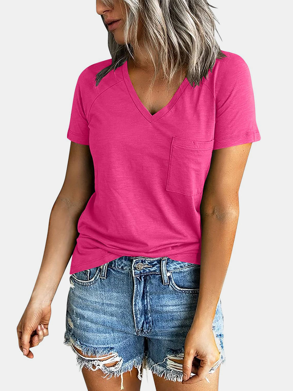 Pocketed V-Neck Short Sleeve T-Shirt - Be Juliet