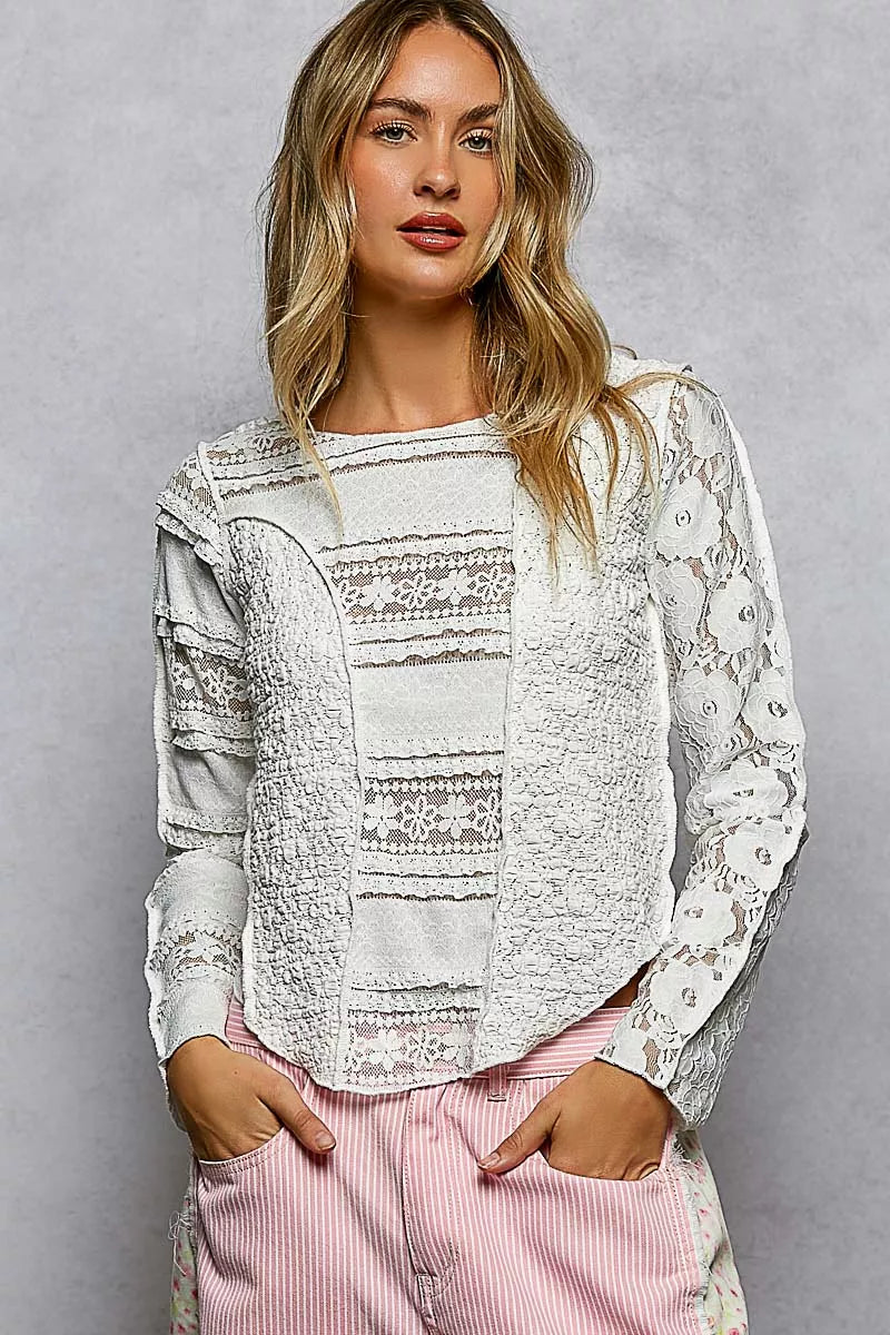 POL Round Neck Long Sleeve Exposed Seam Top with Lace Detail - Be Juliet