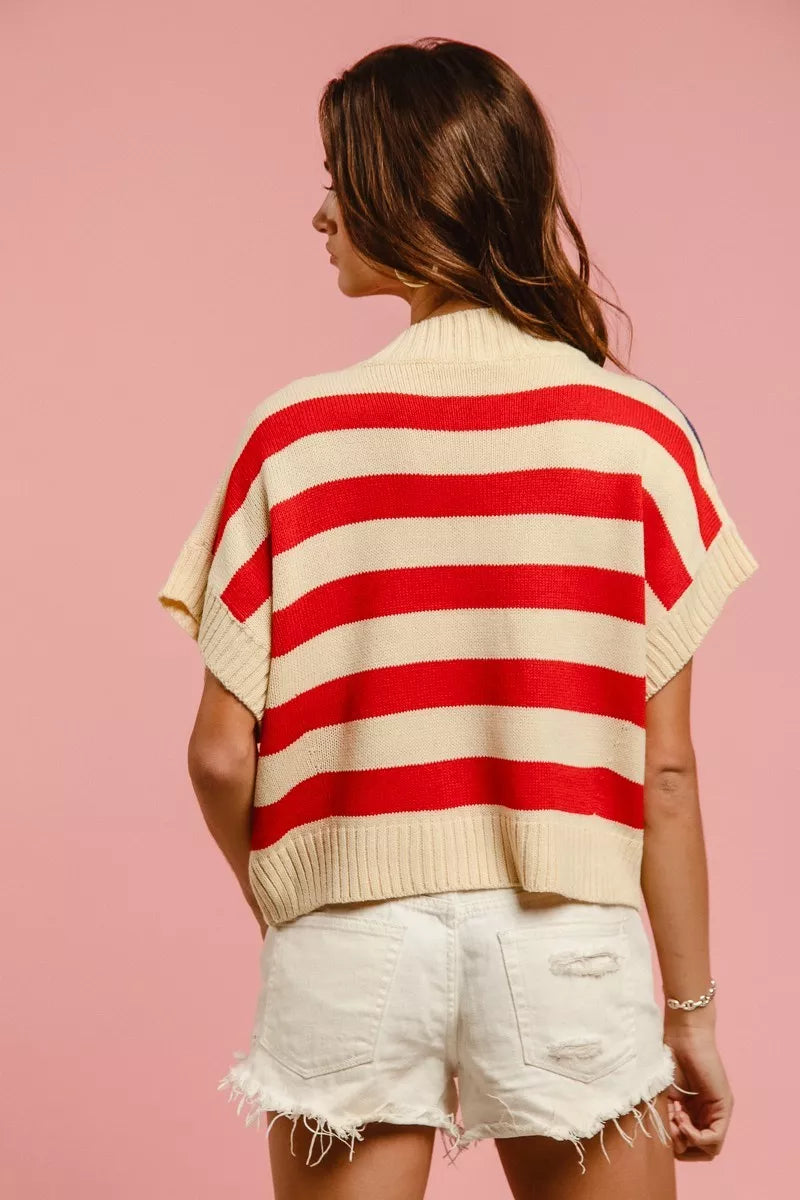 The Liberté — Star Patches American Flag Sleeveless Sweater - Vivid Red, 3/4 angled view - Be Juliet