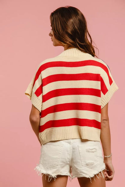 The Liberté — Star Patches American Flag Sleeveless Sweater - Vivid Red, 3/4 angled view - Be Juliet