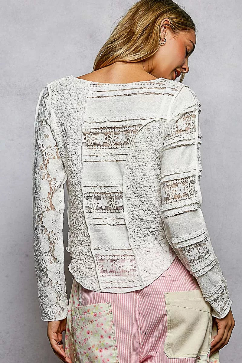POL Round Neck Long Sleeve Exposed Seam Top with Lace Detail - Be Juliet