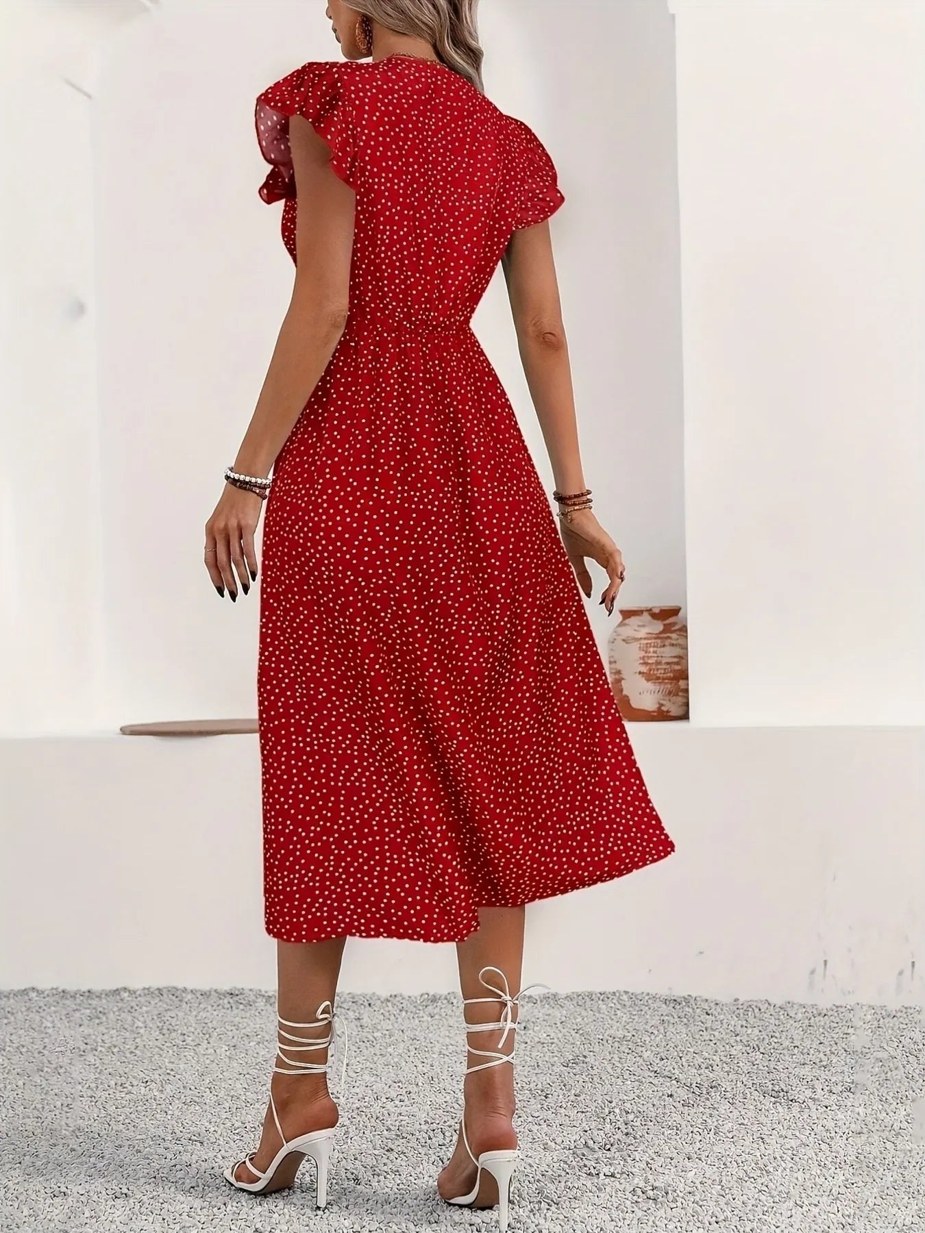 Isabella Ruffle Sleeve Button-Front Midi Dress - Red, close-up detail - Be Juliet