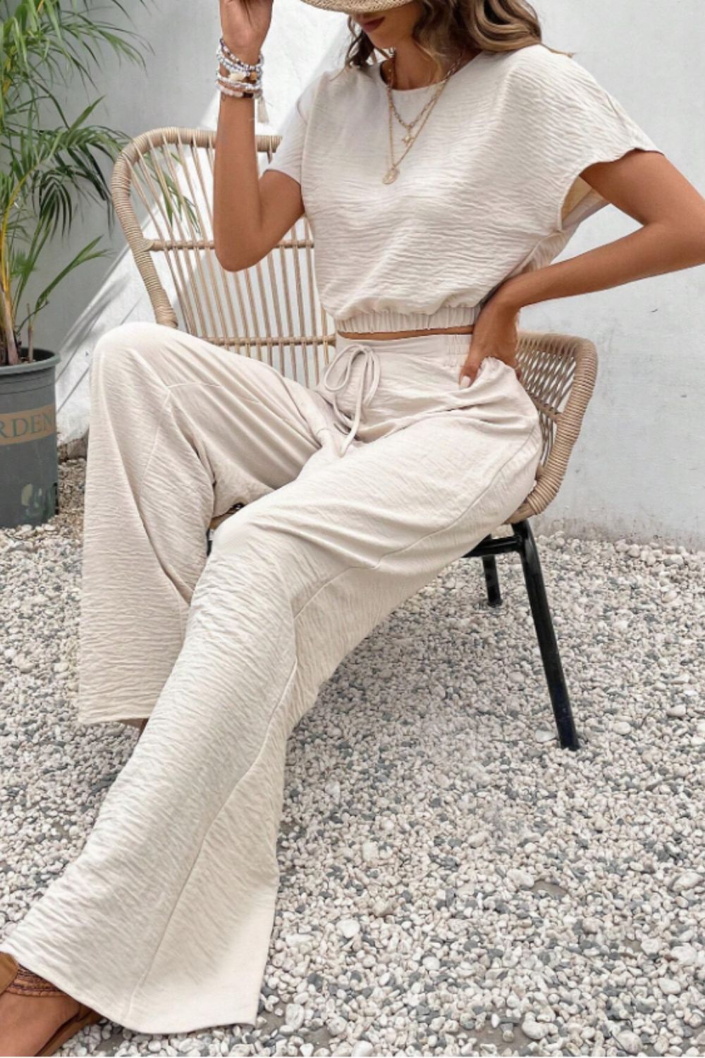 Round Neck Short Sleeve Top and Pants Set - Beige, full-length view on model - Be Juliet