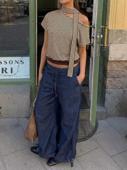 Striped Single Shoulder T-Shirt - Be Juliet