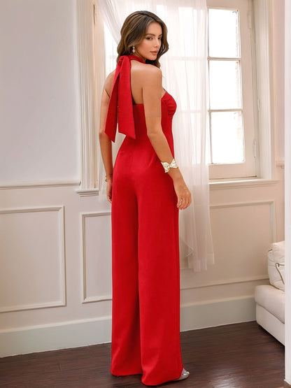Halter Neck Wide Leg Jumpsuit - Red, side view on model - Be Juliet