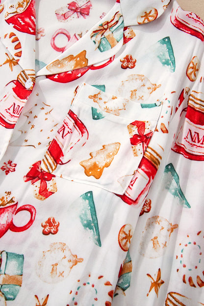 Camille Printed Collared Lounge Set - White, close-up detail - Be Juliet