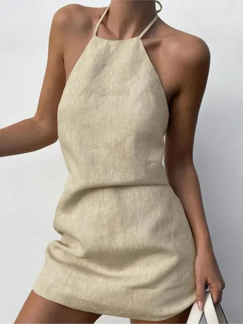 Backless Mini Halter Dress - Khaki, front view on model - Be Juliet
