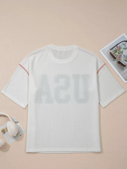USA Graphic Half Sleeve Loose Ribbed Top - White, 3/4 angled view on model - Be Juliet