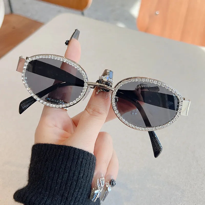 Rhinestones Decor Oval Sunglasses - styleC, front view on model - Be Juliet