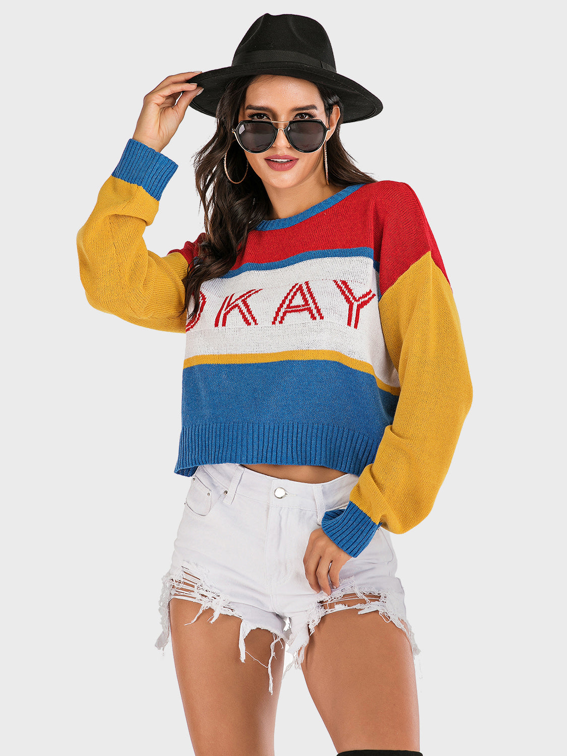 Perfee OKAY Contrast Long Sleeve Sweater - Be Juliet