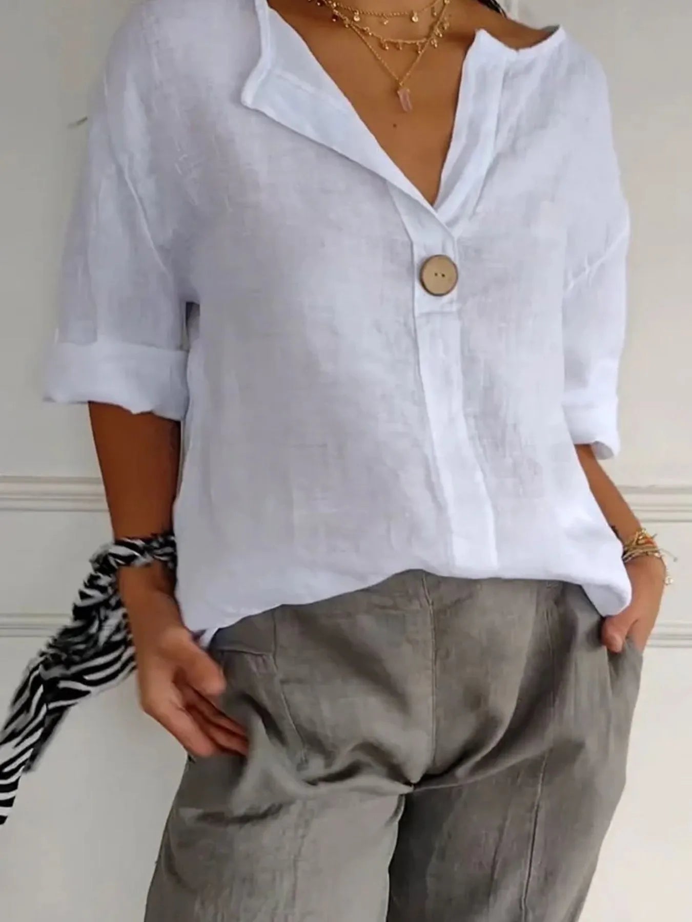 Catalina Notched Linen-Blend Blouse — Plus Size - Be Juliet