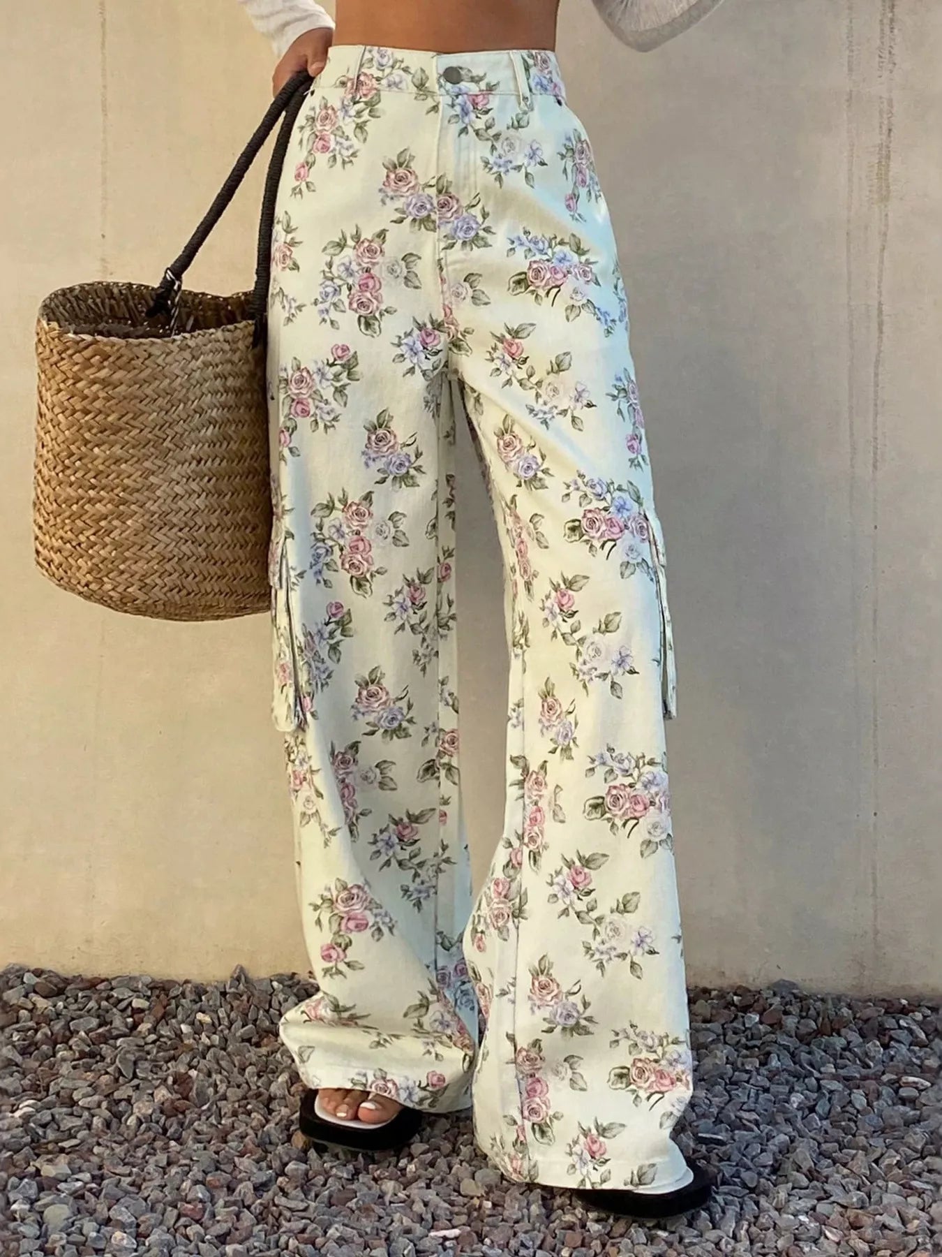 Floral Print Wide-Leg Jeans - Print, front view on model, high-rise waistband and button closure - Be Juliet