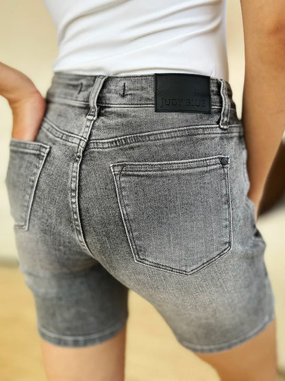 The Noelle Denim Cutoff Shorts - GREY, flat lay back view - Be Juliet