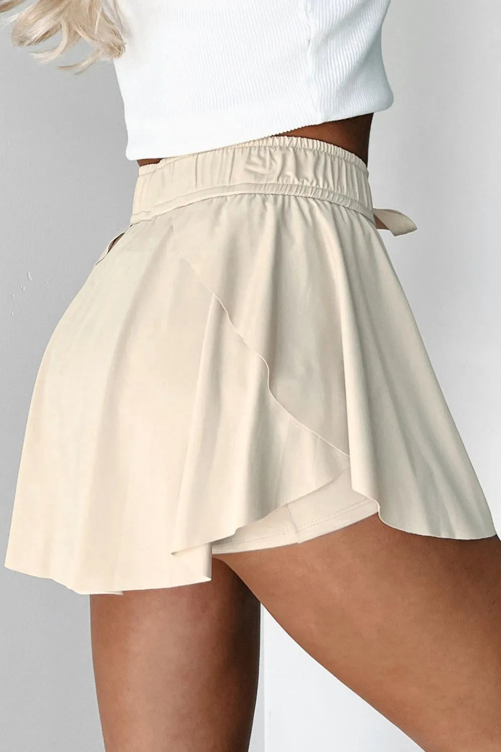 Romy Drawstring Active Skort - Beige, side view on model - Be Juliet