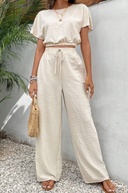 Round Neck Short Sleeve Top and Pants Set - Beige, front view on model - Be Juliet