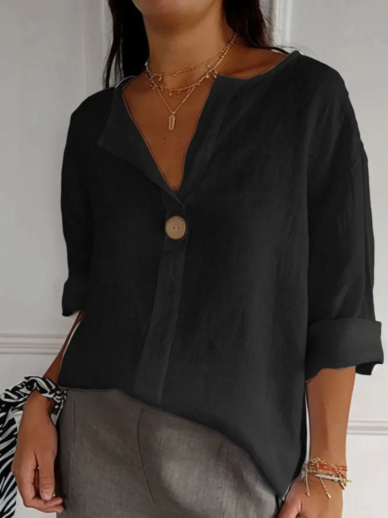 Catalina Notched Linen-Blend Blouse — Plus Size - Be Juliet