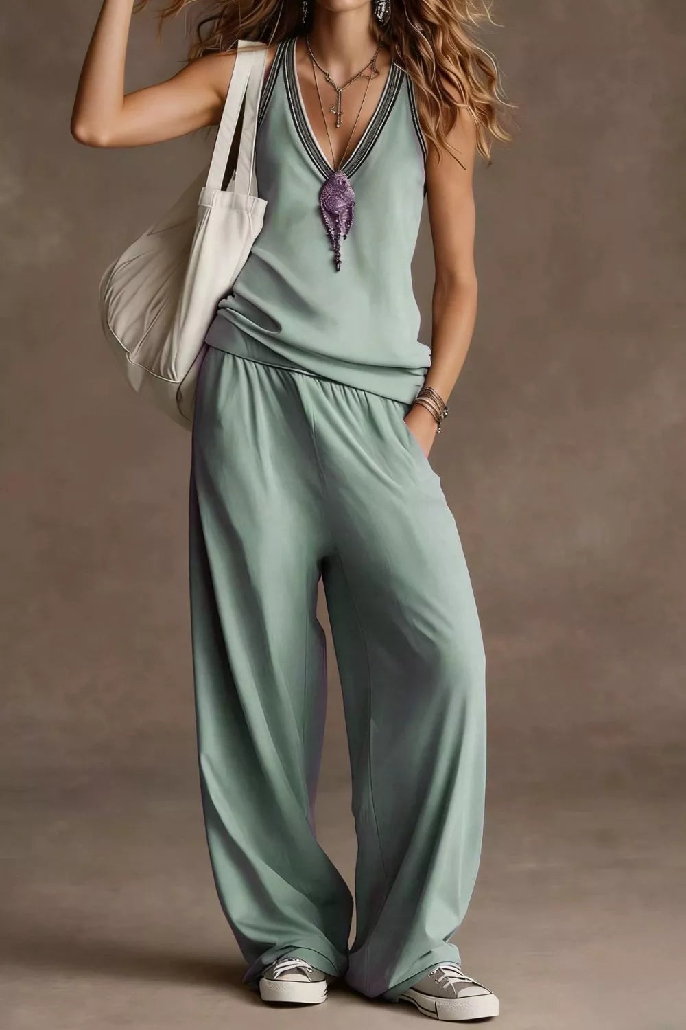 The Chloé — V-Neck Tank and Wide Leg Pants Set - Air Force Blue, front view on model - Be Juliet