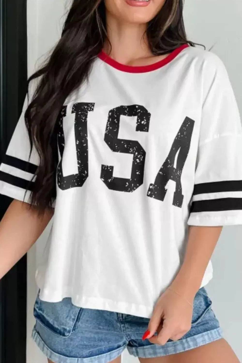USA Letter Printed Varsity Striped Sleeve Round Neck Tee - White, side view on model - Be Juliet