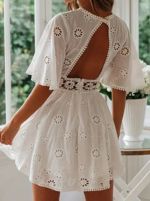 Isabella Summer Dress - WHITE, back tie detail close-up on model - Be Juliet