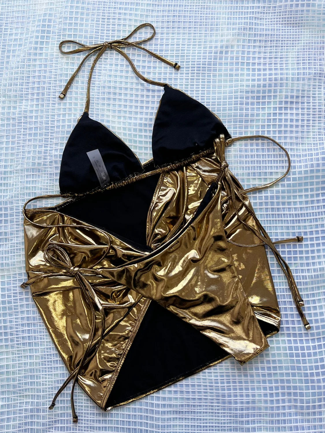 Adriana Halter Neck Three-Piece Bikini Set - Gold, close-up halter neck tie detail - Be Juliet
