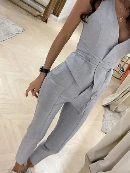 Malu Two-Piece Pant and Top Set - Grey, front view on model - Be Juliet