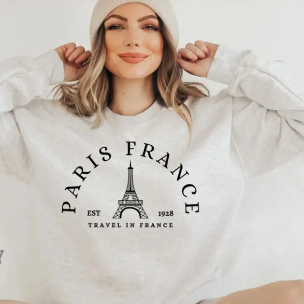 Bella Paris Crewneck Sweatshirt - WHITE, front view on model - Be Juliet