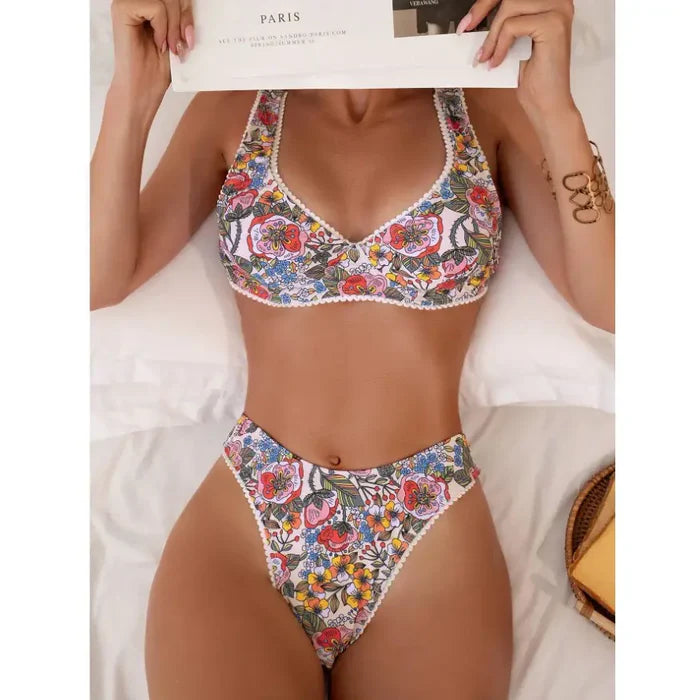 Claire Flower Print High Waist Bikini Set - floral, flat lay front view - Be Juliet