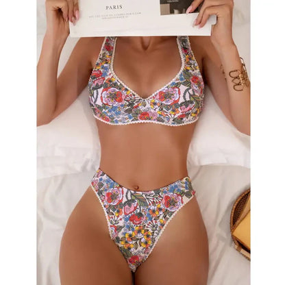 Claire Flower Print High Waist Bikini Set - floral, flat lay front view - Be Juliet