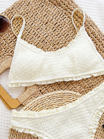 Courtney Frill Textured Two-Piece Swim Set - Cream, side view showing frill detail - Be Juliet