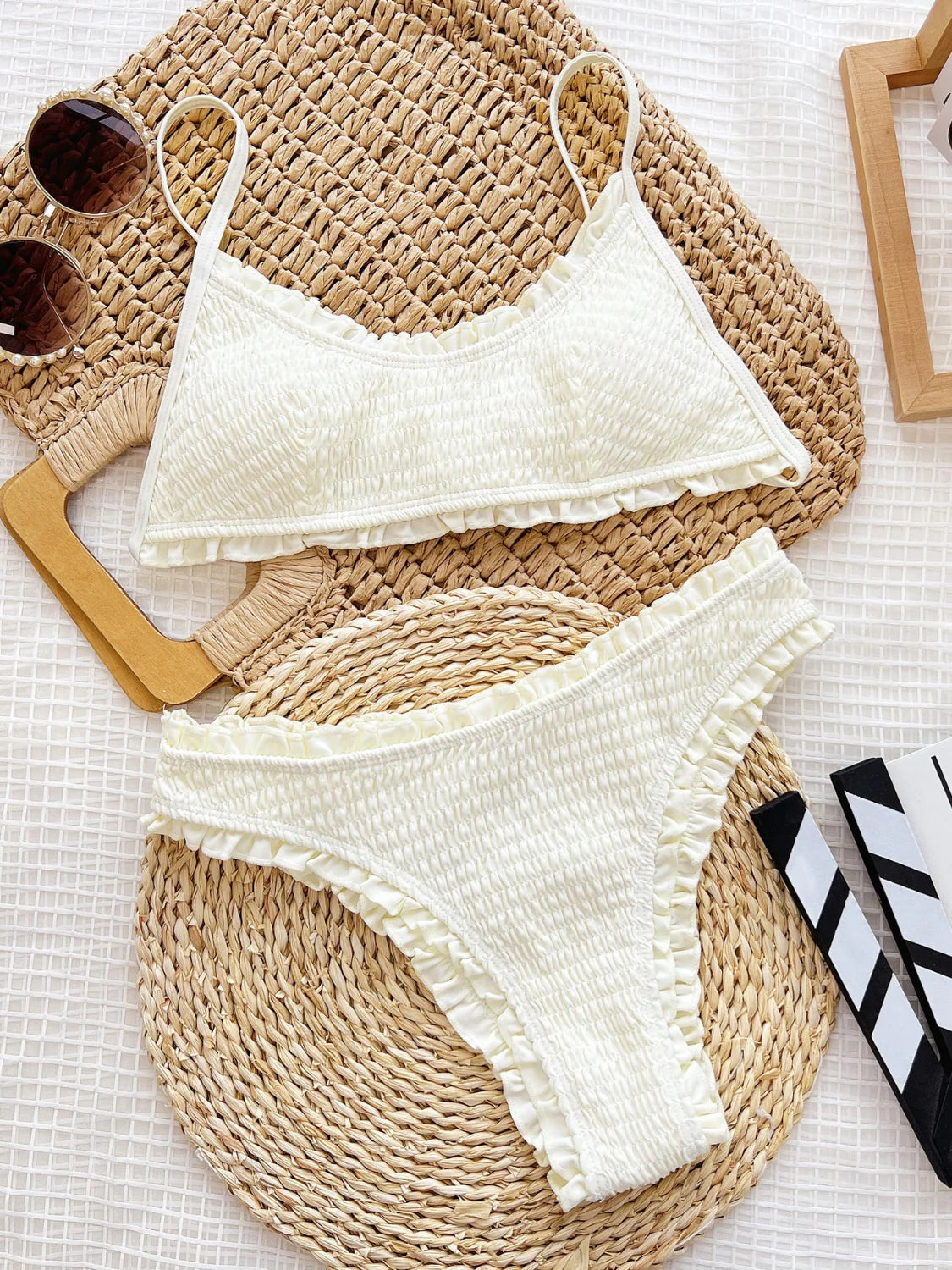 Courtney Frill Textured Two-Piece Swim Set - Cream, close-up frill texture detail - Be Juliet