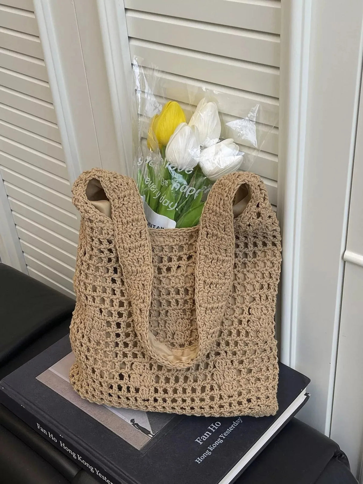 The Céleste Bag — Knitted Crochet Shoulder Bag - Khaki, front view product shot - Be Juliet