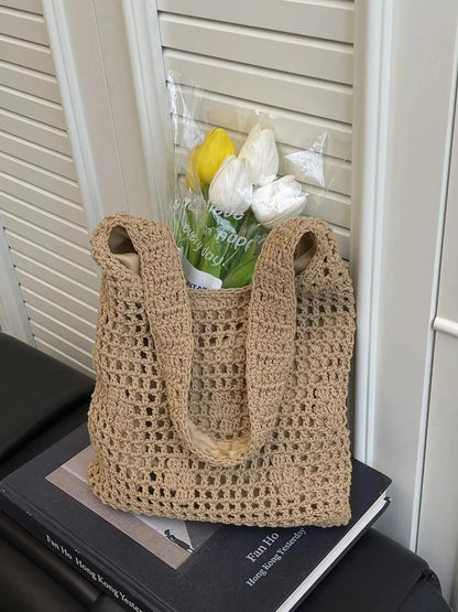The Céleste Bag — Knitted Crochet Shoulder Bag - Khaki, front view product shot - Be Juliet