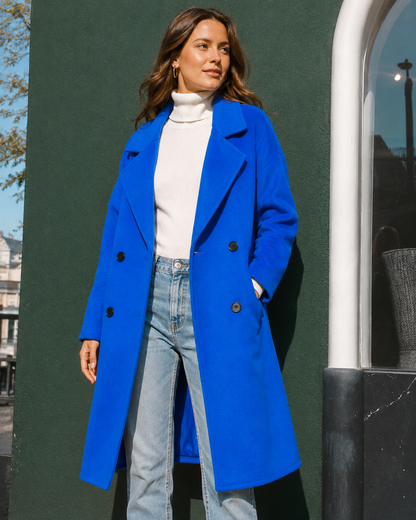 Be Juliet Serena Double Breasted Trench Coat electric blue, front view, double-breasted closure and lapel