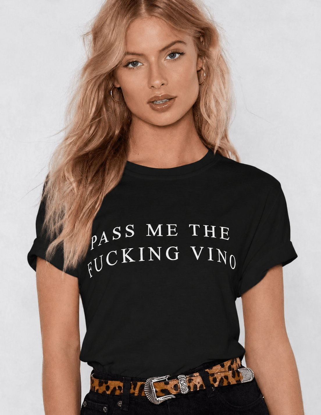 Pass Me The Fucking Wine Women's T-Shirt - Black, front chest-up view with rolled sleeves - Be Juliet