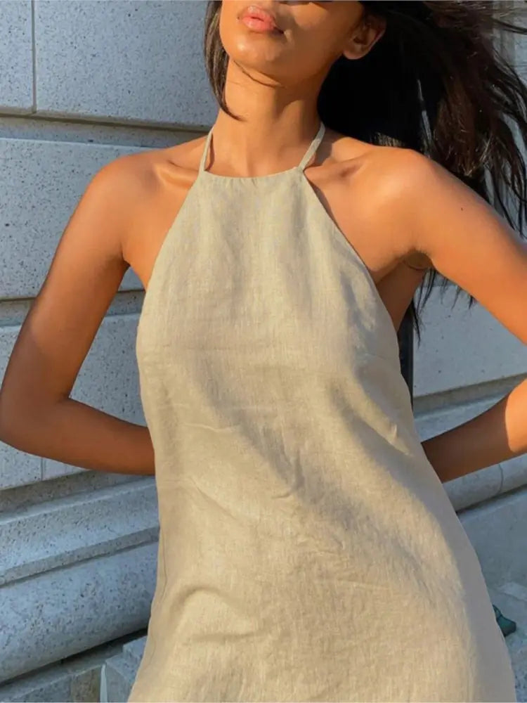Backless Mini Halter Dress  Chic Cotton and Linen Summer Dress Khaki / Large