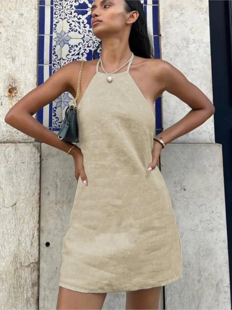 Backless Mini Halter Dress - Khaki, halter neck tie detail close-up - Be Juliet