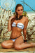 Alex Bikini Top - front 3/4 view, strapless bandeau with dark stripe and thin-strap thong bottom - Be Juliet