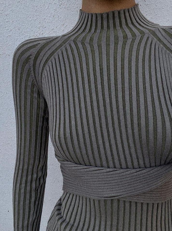 Malika Twist-Back Ribbed Bodycon Dress - Grey & Olive, 3/4 angled view on model - Be Juliet