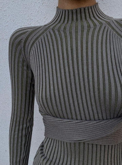 Malika Twist-Back Ribbed Bodycon Dress - Grey & Olive, 3/4 angled view on model - Be Juliet