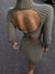 Malika Twist-Back Ribbed Bodycon Dress - Grey & Olive, front view on model - Be Juliet