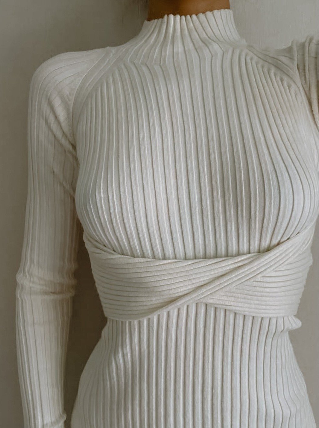 Malika Twist-Back Ribbed Bodycon Dress - Ivory, front view on model - Be Juliet