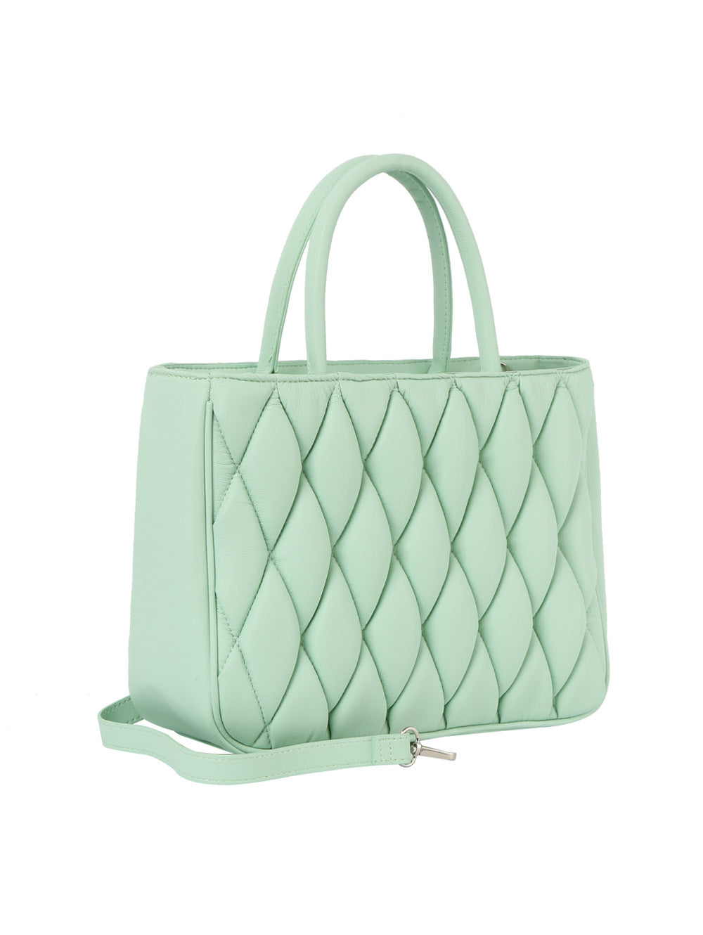 Quilted Design Hand Tote - Mint, 3/4 front-right with detachable strap - Be Juliet