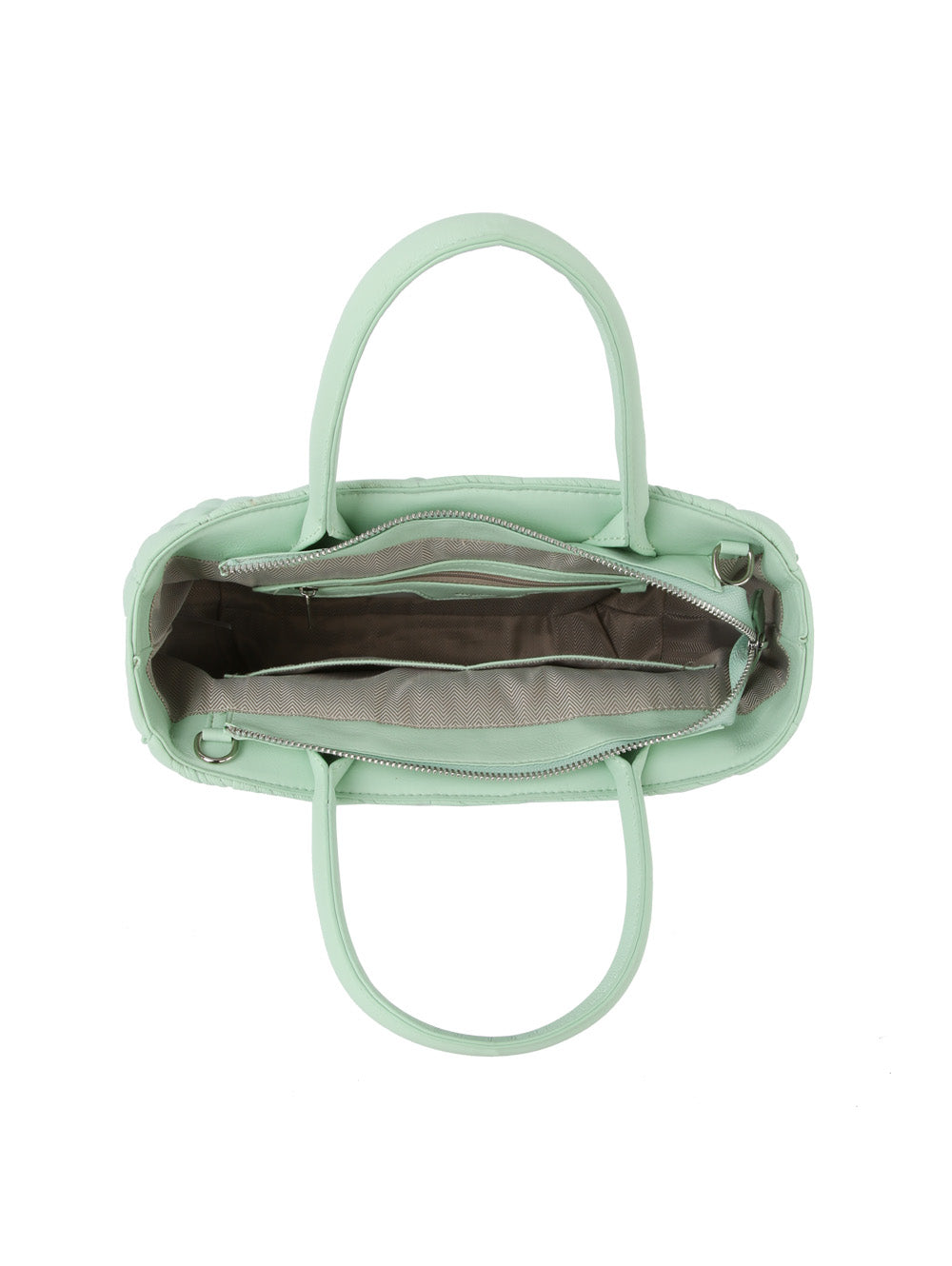 Quilted Design Hand Tote - Mint, top-down interior view, zip pocket - Be Juliet