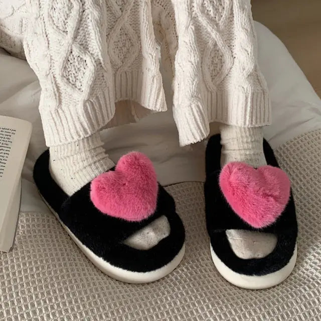 Heart Love Fluffy Fur Slippers - Black, size 8-9 product shot - Be Juliet