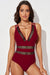 Marcie Printed Mesh Plunge One-Piece Swimsuit - Deep Red, front view on model - Be Juliet