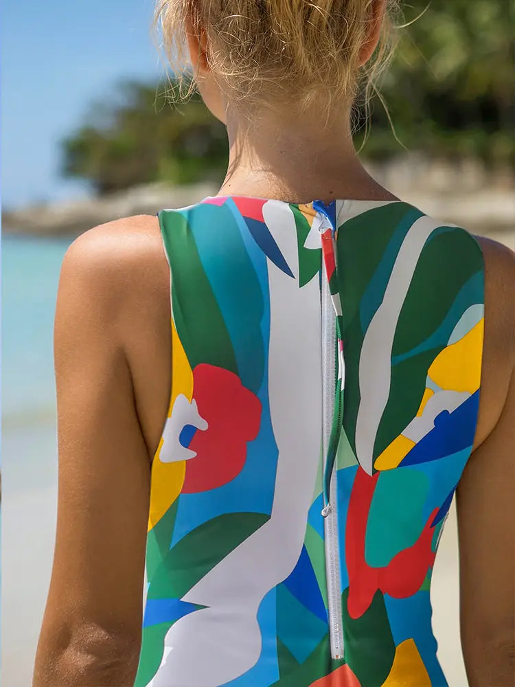 Pauline Leaf Print One-Piece Swimsuit - side view on model - Be Juliet