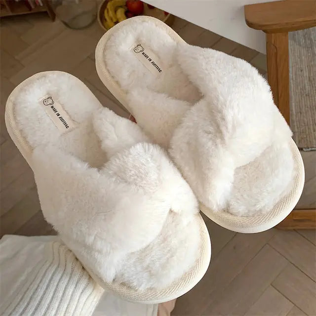 Heart Love Fluffy Fur Slippers - White A, size 7-8 product shot - Be Juliet