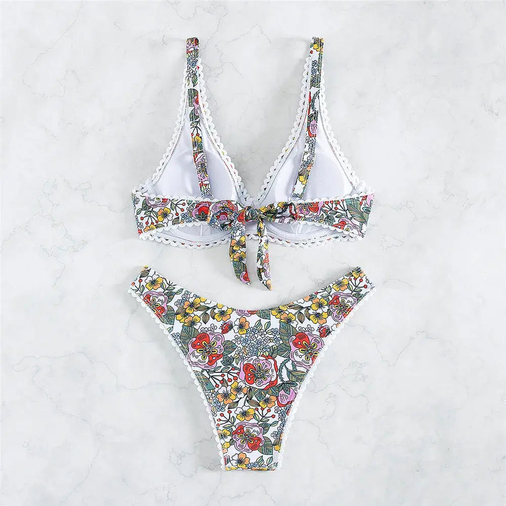 Claire Flower Print High Waist Bikini Set - floral, close-up top and bottom - Be Juliet